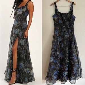 Lulu’s NWOT Stunning Elegance Black Floral Print Organza Maxi Dress
